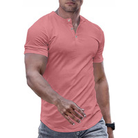 Jmierr Mens Muscle Slim Fit Button Henley Shirts Summer Crewneck Short Sleeve Longline Fitted T-Shirt Gym Workout Athletic Tee Shirt For Men, Xl, Pink