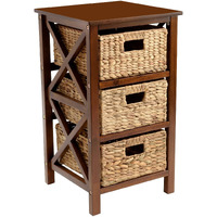 Ehemco 3 Tier X-Side End Storage Cabinet With 3 Wicker Baskets, Walnut