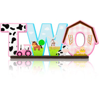 Haooryx Pink Farm Animals Two Letter Sign Wooden Table Centerpiece, 2Nd Farm Barnyard Birthday Party Sign Two Years Old Baby Girls Theme Birthday Party Decorations Baby Shower Photo Props Centerpiece