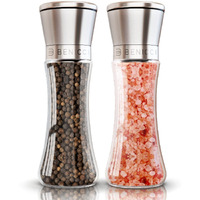 Premium Salt And Pepper Grinder Set Of 2 - Two Refillable, Stainless Steel Sea & Spice Shakers With Adjustable Coarse Mills Easy Clean Ceramic Grinders W/Bonus Silicone Funnel Cleaning Brush