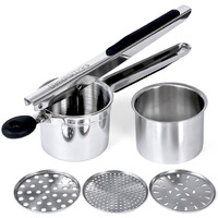 Rorence Stainless Steel Potato Ricer With 3 Interchangeable Discs & Inner Cup & Silicone Grip Handles - Black