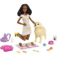 Barbie Doll & Pets, Brunette Doll With Mommy Dog, 3 Newborn Puppies With Color-Change Feature & Pet Accessories