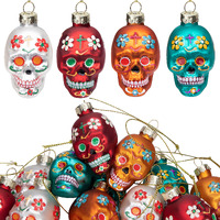 12Pcs Day Of The Dead Glass Ornaments - Dia De Los Muertos Sugar Skull Ornaments - Halloween Hanging Skeleton Head Ornaments For Christmas Tree Hanging Decorations
