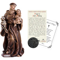 St Anthony Of Padua Statue Figurine (4 Inch), Laminated Prayer Card, Saint Anthony Pocket Token Coin, The Lord's Prayer Card | Patron Saint Of Lost Things Set Of 4 Items