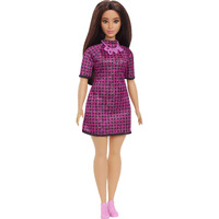 Barbie Fashionistas Doll #188 With Curvy Shape, Black Hair, Checkered Dress, Pink Sneakers & Necklace Accessory