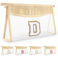 Uixizq Personalized Initial Letter Bag Boho Straw Clear Makeup Bag,Small Cute Chenille Varsity Letter Bag With Zipper,Beach Travel Toiletry Bag,Portable Monogrammed Cosmetic Bag For Women Girls,D