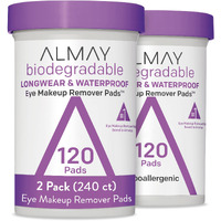 Almay Biodegradable Makeup Remover Pads, Longwear & Waterproof, Hypoallergenic, Fragrance-Free, Dermatologist & Ophthalmologist Tested, 2 Pack