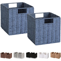 Vagusicc Wicker Storage Basket, Set Of 2 Handwoven Paper Rope Collapsible Woven Baskets, 9'' X 9'' X 9'' Cube Storage Bins With Handle, Baskets For Gifts Empty, Shelves Organizing & Decor, Dark Blue