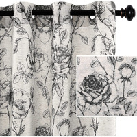 H.Versailtex Linen Curtains Natural Linen Blended Curtain Panels For Living Room/Light Reducing Linen Sheer Curtains 63 Inch Length 2 Panels Set Pencil Sketch Style Floral Panels, Black
