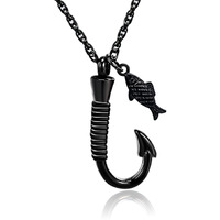 Fish Hook Cremation Urn Pendant Memorial Necklace For Ashes Fish Urn Cremation Necklace (Black)