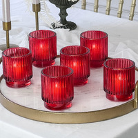 Kate Aspen Vintage Ribbed Red Glass Tealight & Votive Candle Holders (Set Of 6), Fall Decor, Boho Decor, Shelf Decoration (27206Rd)
