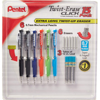 Pentel Twist-Erase Click Mechanical Pencil Set - 6 Mechanical Pencils, 6 Extra Erasers, 3 Tubes Of Lead Refills