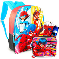 Miraculous The Ladybug Backpack And Lunch Bag Set ~ 4 Pc School Supplies Bundle With 15" Ladybug School Bag And Lunch Box For Girls, Kids, Ladybug Stickers, And More
