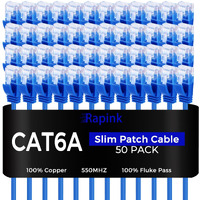 Rapink Patch Cables Cat6A 2Ft (50 Pack) Slim, Cat6A Ethernet Patch Cable 10G Support, Snagless Cat 6 Patch Cable For Patch Panel To Switch, Flexiable Cat 6A Ethernet Cable With Gold Plated