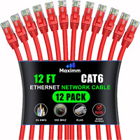 Maximm Cat 6 Ethernet Cable 12 Ft (12-Pack) - High-Speed Lan Cable, Internet Cable, Patch Cable, And Network Cable - Utp, 10Gbps, 550Mhz Ethernet Cord - Red