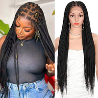 Brinbea 36 Inch 13X8" Hd Lace Front Braided Wigs Knotless Braided Wigs For Women Box Braid Wig With Baby Hair Human Hair Blended Long Black