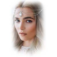 Anglacesmade Bohemian Head Chain Crystal Teardrop Forehead Chain Rhinestone Headpiece Wedding Prom Party Festival Hair Jewelry For Women (Silver)