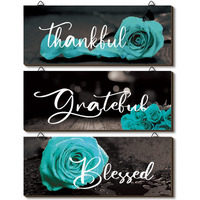 Hillban 3 Pieces Rose Wooden Wall Decor Thankful Grateful Blessed Wooden Signs Inspirational Wall Art Signs Wedding Wall Decor For Room Kitchen Bathroom (Teal,10 X 4 Inch)