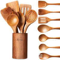 Wooden Spoons For Cooking - 8-Piece Wooden Kitchen Utensil Set Made Of Natural Solid Wood Material - Includes Spoons, Spatulas, Ladles, Strainer Spoon, Salad Fork, Mixing Spoon And Utensil Holder