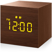 Jall Digital Alarm Clock, With Wooden Electronic Led Time Display, 3 Alarm, 2.5-Inch Cubic Small Mini Wood Made Electric Clocks For Bedroom, Bedside, Desk, Brown