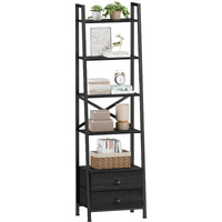 Furologee 5-Tier Ladder Shelf With 2 Drawers,Narrow Bookshelf Storage Shelves,Industrial Bookcase Freestanding Shelf Units For Bedroom,Living Room,Bathroom,Home Office,Balcony,Wood Metal, Black Oak