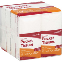 Leader Soft 2-Ply Facial Tissues Pocket Packs, Pure Cotton, On-The-Go Travel Size, Resealable, 24 Packs Of 15 (360 Tissues)