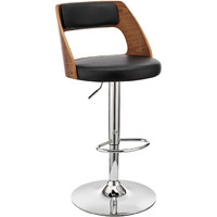 Armen Living Paulo Adjustable Swivel Black Faux Leather And Walnut Wood Bar Stool With Chrome Base