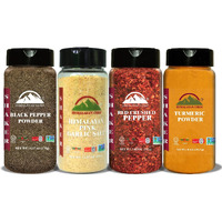 Himalayan Chef Natural Spices Shaker Variety Pack (Turmeric Powder Black Pepper Garlic Salt Powder & Red Crushed Pepper) Natural Hot & Spicy Flavors  All Purpose Seasonings Cooking - Pack Of 4