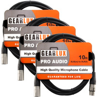 Gearlux Xlr Microphone Cable, Fully Balanced, Male To Female, Black, 10 Feet - 3 Pack