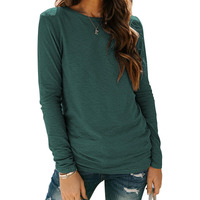 Sherosa Womens Shirts Long Sleeve Crew Neckline Comfy Breathable Cotton Tops Tees Dark Green,S