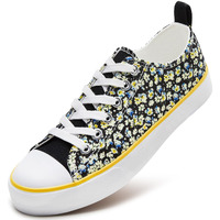 Zgr Womens Canvas Low Top Sneaker Lace-Up Classic Casual Shoes Black And White(Black Flower;Us9)