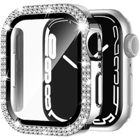 Adepoy Compatible For Apple Watch Case 44Mm Series 6/5/4/Se With Tempered Glass Screen Protector, Double Bling Case Crystal Diamonds Rhinestone Bumper Overall Hard Pc Protective Cover For Iwatch 44Mm