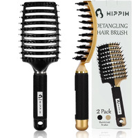 Boar Bristle Hair Brush 2 Pack, Hippih Wet & Dry No Pull Curved Vented Hair Brush, Styling Magical Detangler Brush For Kids & Men, Hairbrush For Women Can Adds Shine & Smooth Curly Thick Hair