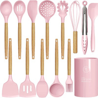 Silicone Kitchen Utensils Set - 446F Heat Resistant Cooking Utensil Sets, Spatula,Turner,Tongs,Spoon,Brush,Whisk, Wooden Handle Silicone Kitchen Gadgets Tools For Non-Stick Cookware Bpa Free (Pink)