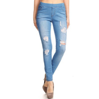 Women\'s Stretch Pull-On Skinny Ripped Distressed Denim Jeggings W/Pockets Light Blue S