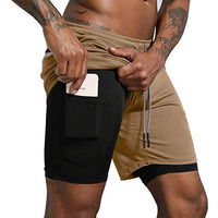 Leidowei Men's Workout Running Training 2 In 1 Gym Shorts With Zip Pockets Compression Shorts Khaki M
