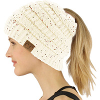 Cc Ponytail Messy Bun Beanietail Soft Winter Knit Stretch Beanie Hat (Confetti Ivory)