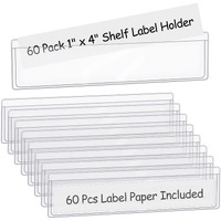 60 Pack 1.2\" X 4.3\" Self Adhesive Label Holders With 60Pcs Paper Label Inserts, Shelf Tag Label Holder Clear Pockets For Bookshelf Mailbox Shelves Storage Bins