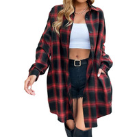 Blooming Jelly Women\'s Button Down Flannel Shirts Plaid Shacket Long Sleeve Collared Long Jacket Coats(Large,Black&Red Plaid)