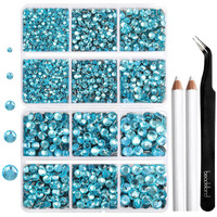 6736Pcs Hotfix Rhinestones Flatback,Blue Rhinestones For Crafts Clothes Mixed 5 Sizes, Hotfix Crystals With Tweezers And Wax Pencil Kit, Ss6-Ss30,Aquamarine