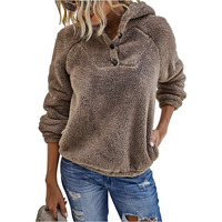 Kirundo Women\'s 2025 Winter Fuzzy Fleece Hoodies Sweatshirts Casual Long Sleeves Shaggy Sherpa Pullover With Pockets(Small, Button-Khaki)