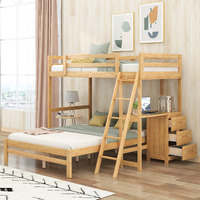 P Purlove Twin Over Full Bunk Bed With Desk And 3 Drawers Wood Bunk Bed With Ladder, Bunk Bed Frame Can Be Split Into 2 Separate Beds For Boys Girls, No Box Spring Needed (Natural)