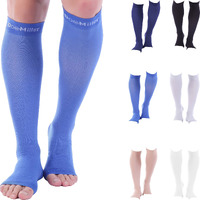 Doc Miller Open Toe Compression Socks Women And Men 30-40Mmhg, Knee High Toeless Socks, Recovers Shin Splints, Achilles Tendon And Varicose Veins 1 Pair Large Blue