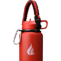 Hydro Cell Paracord Handle For Wide Mouth Water Bottles - Carrier Strap W/Attachment Ring And Carabiner Accessory. Compatible W/ 64Oz, 40Oz 32Oz, 24Oz, 18Oz, 14Oz Insulated Bottles (Red/Black)