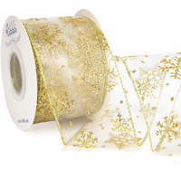 Ribbli Snowflake Glitter Wired Ribbon, Ivory Organza Sheer Ribbon With Gold Glitter Snowflake Pattern And Iridescent Metallic Edge,2-1/2 Inch X 10Yards Christmas Ribbon For Tree Decoration