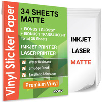 Premium Printable Vinyl Sticker Paper For Inkjet & Laser Printer - 34 Sheets Self-Adhesive Sheets Matte White Waterproof, Dries Quickly Vivid Colors, Holds Ink Well- Tear Resistant