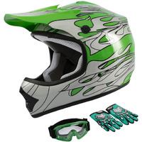 Tct-Motorparts Dot Helmet W Goggles+Gloves Youth Kids Motocross Green Flame Dirt Bike Helmet Atv Offroad Helmets+Gloves Goggles S-Xl (M)