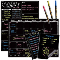 Jjpro Magnetic Chalkboard Monthly Calendar - Weekly Planner Blackboard Combo Set W/Neon Bright Liquid Chalk Markers - Bonus Grocery List And Notepad Blackboard For Refrigerator Included