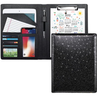 Waveyu Glitter Portfolio Case, Bling Padfolio Cover For Women, Conference/Resume/Legal Document Organizer With Letter/A4 Size Clipboard Hardboard, Business Card Holders, Black