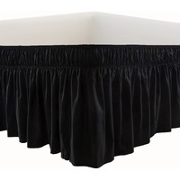 Meila Wrap Around Bed Skirt Three Fabric Sides Elastic Dust Ruffled 14 Inch Tailored Drop,Easy To Install Fade Resistant-Black, Twin/Full